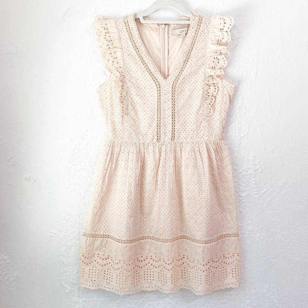 Loft Eyelet Lace Ruffle Sleeve Dress Blush Pink Sz M